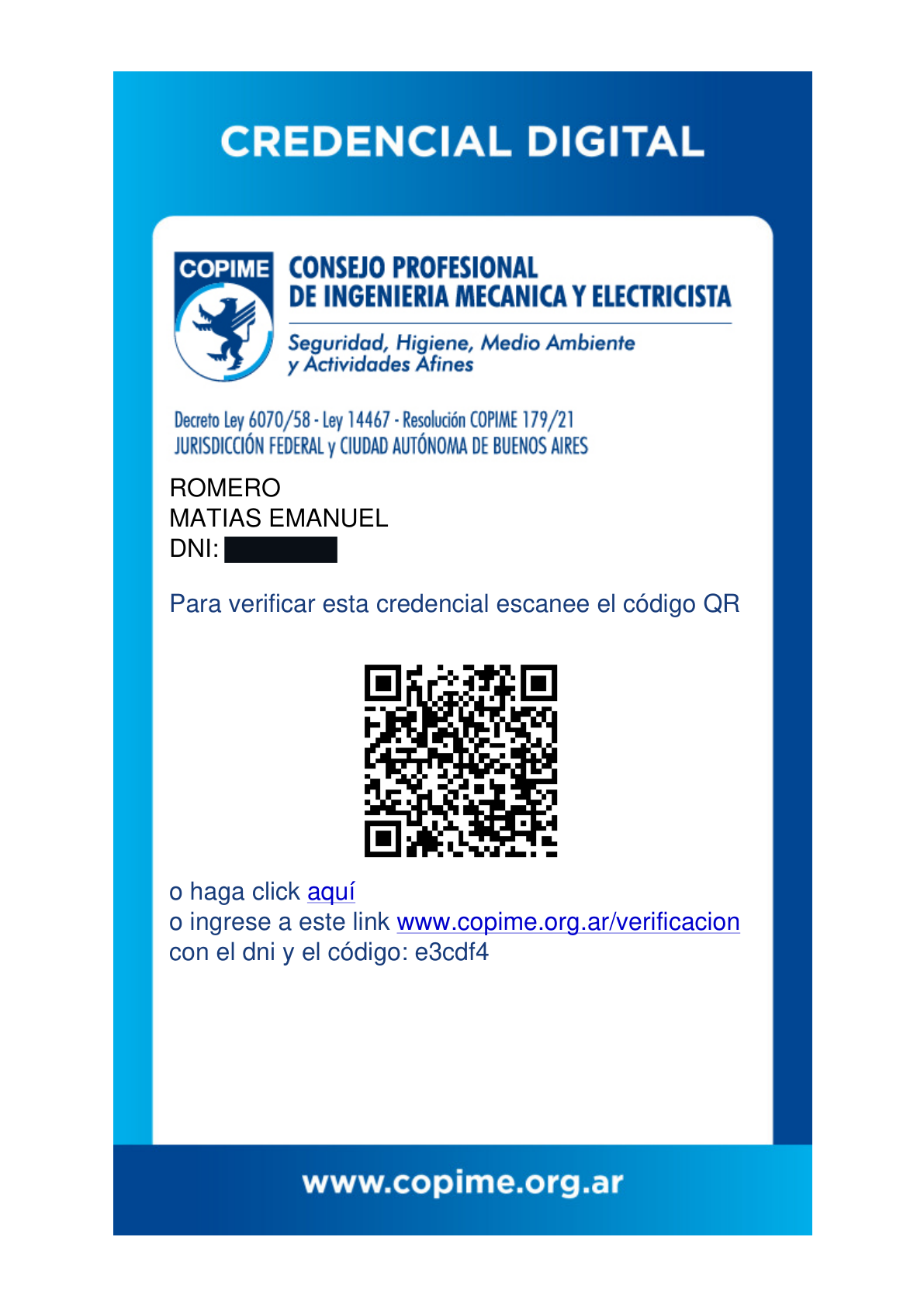 Credencial digital COPIME de Matías Emanuel Romero, con DNI oculto y código QR de verificación visible
